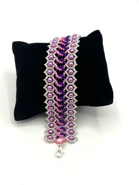 Hand Crafted Beaded Pink & Purple Multi-Row Bracelet